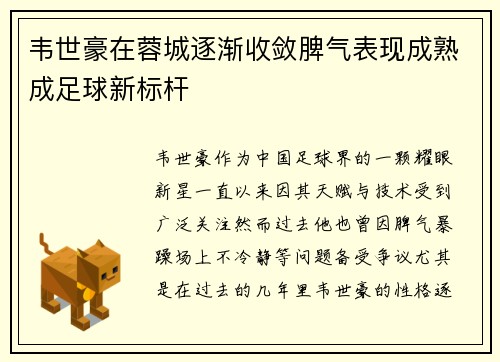 韦世豪在蓉城逐渐收敛脾气表现成熟成足球新标杆